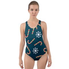 Christmas-seamless-pattern-with-candies-snowflakes Cut-out Back One Piece Swimsuit