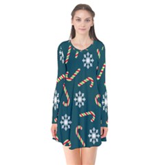 Christmas-seamless-pattern-with-candies-snowflakes Long Sleeve V-neck Flare Dress by Grandong