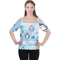 Christmas-seamless-pattern-with-penguin Cutout Shoulder T-Shirt