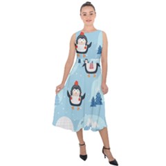 Christmas-seamless-pattern-with-penguin Midi Tie-Back Chiffon Dress