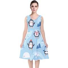 Christmas-seamless-pattern-with-penguin V-Neck Midi Sleeveless Dress 