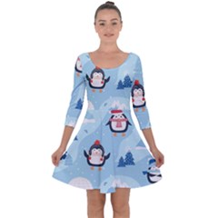 Christmas-seamless-pattern-with-penguin Quarter Sleeve Skater Dress