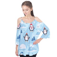 Christmas-seamless-pattern-with-penguin Flutter Sleeve T-shirt 
