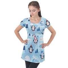 Christmas-seamless-pattern-with-penguin Puff Sleeve Tunic Top