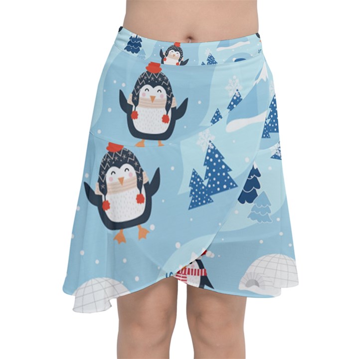 Christmas-seamless-pattern-with-penguin Chiffon Wrap Front Skirt