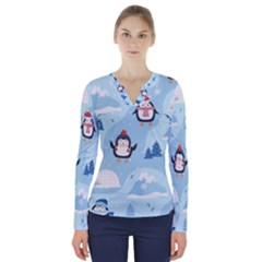 Christmas-seamless-pattern-with-penguin V-Neck Long Sleeve Top