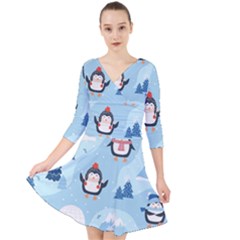 Christmas-seamless-pattern-with-penguin Quarter Sleeve Front Wrap Dress