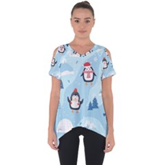 Christmas-seamless-pattern-with-penguin Cut Out Side Drop T-Shirt
