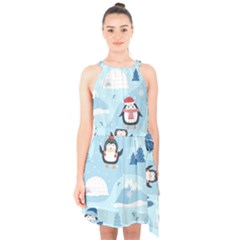 Christmas-seamless-pattern-with-penguin Halter Collar Waist Tie Chiffon Dress by Grandong