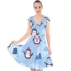 Christmas-seamless-pattern-with-penguin Cap Sleeve Front Wrap Midi Dress