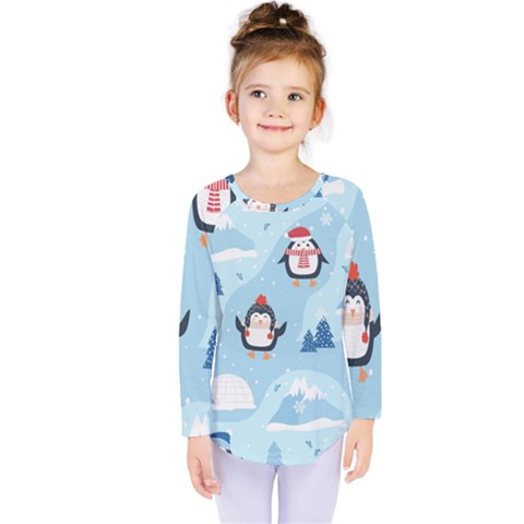 Christmas-seamless-pattern-with-penguin Kids  Long Sleeve T-shirt by Grandong