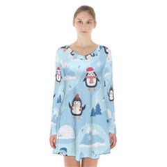 Christmas-seamless-pattern-with-penguin Long Sleeve Velvet V-neck Dress