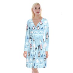 Christmas-seamless-pattern-with-penguin Long Sleeve Velvet Front Wrap Dress