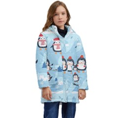 Christmas-seamless-pattern-with-penguin Kids  Hooded Longline Puffer Jacket