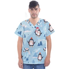 Christmas-seamless-pattern-with-penguin Men s V-neck Scrub Top