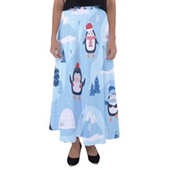 Christmas-seamless-pattern-with-penguin Flared Maxi Skirt