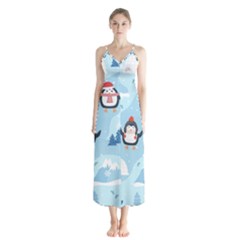 Christmas-seamless-pattern-with-penguin Button Up Chiffon Maxi Dress