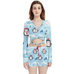 Christmas-seamless-pattern-with-penguin Velvet Wrap Crop Top and Shorts Set