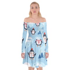 Christmas-seamless-pattern-with-penguin Off Shoulder Skater Dress