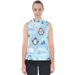 Christmas-seamless-pattern-with-penguin Mock Neck Shell Top
