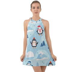 Christmas-seamless-pattern-with-penguin Halter Tie Back Chiffon Dress