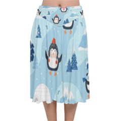 Christmas-seamless-pattern-with-penguin Velvet Flared Midi Skirt