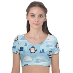 Christmas-seamless-pattern-with-penguin Velvet Short Sleeve Crop Top 