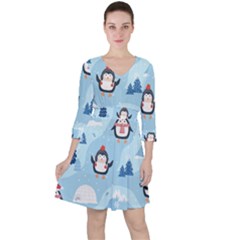 Christmas-seamless-pattern-with-penguin Quarter Sleeve Ruffle Waist Dress