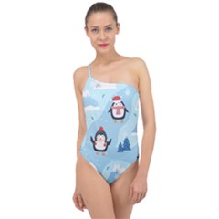 Christmas-seamless-pattern-with-penguin Classic One Shoulder Swimsuit