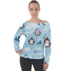 Christmas-seamless-pattern-with-penguin Off Shoulder Long Sleeve Velour Top