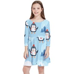 Christmas-seamless-pattern-with-penguin Kids  Quarter Sleeve Skater Dress