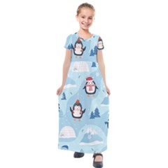 Christmas-seamless-pattern-with-penguin Kids  Short Sleeve Maxi Dress