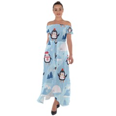 Christmas-seamless-pattern-with-penguin Off Shoulder Open Front Chiffon Dress