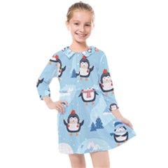 Christmas-seamless-pattern-with-penguin Kids  Quarter Sleeve Shirt Dress