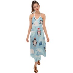 Christmas-seamless-pattern-with-penguin Halter Tie Back Dress 