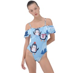Christmas-seamless-pattern-with-penguin Frill Detail One Piece Swimsuit