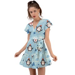 Christmas-seamless-pattern-with-penguin Flutter Sleeve Wrap Dress