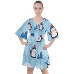 Christmas-seamless-pattern-with-penguin Boho Button Up Dress