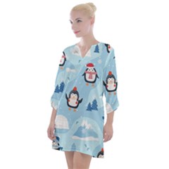 Christmas-seamless-pattern-with-penguin Open Neck Shift Dress