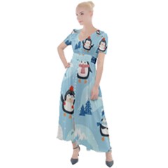 Christmas-seamless-pattern-with-penguin Button Up Short Sleeve Maxi Dress