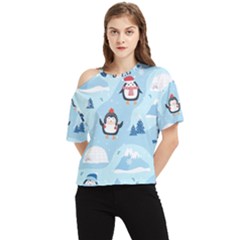 Christmas-seamless-pattern-with-penguin One Shoulder Cut Out T-Shirt