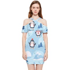 Christmas-seamless-pattern-with-penguin Shoulder Frill Bodycon Summer Dress