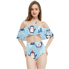 Christmas-seamless-pattern-with-penguin Halter Flowy Bikini Set 