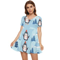 Christmas-seamless-pattern-with-penguin Tiered Short Sleeve Babydoll Dress