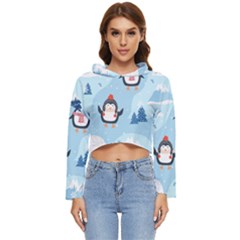 Christmas-seamless-pattern-with-penguin Women s Lightweight Cropped Hoodie