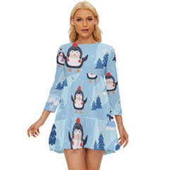 Christmas-seamless-pattern-with-penguin Long Sleeve Babydoll Dress