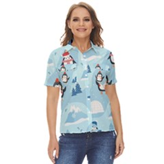 Christmas-seamless-pattern-with-penguin Women s Short Sleeve Double Pocket Shirt