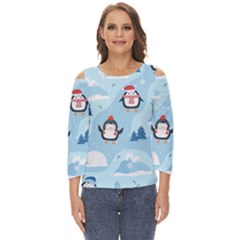 Christmas-seamless-pattern-with-penguin Cut Out Wide Sleeve Top