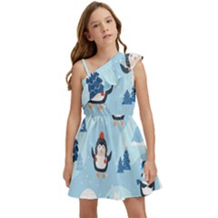 Christmas-seamless-pattern-with-penguin Kids  One Shoulder Party Dress