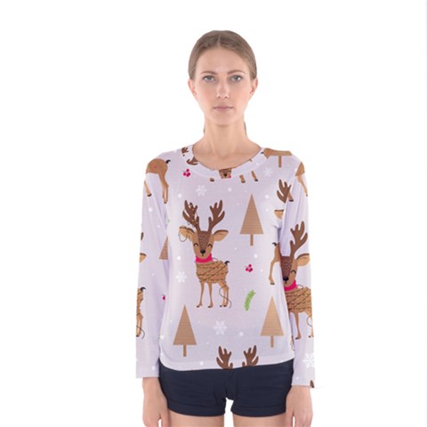 Christmas-seamless-pattern-with-reindeer Women s Long Sleeve T-shirt by Grandong